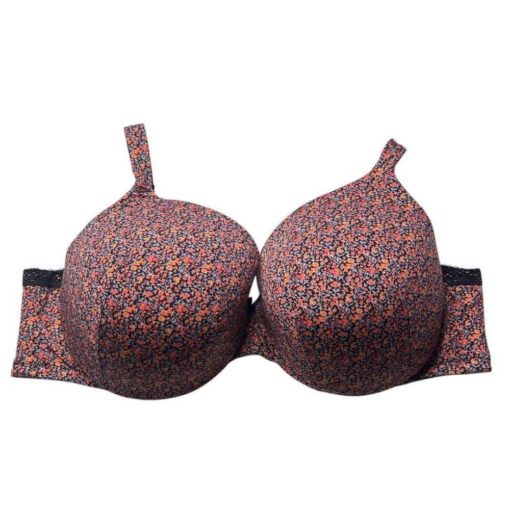 Cacique Black Floral Lined Satin Full-Coverage Bra 44F 44DDDD Underwire